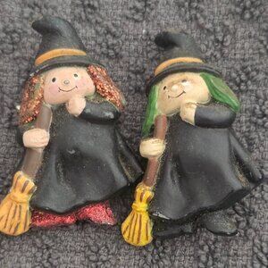 Set of 2 Halloween Witches holding Brooms S Lehman Brooch
